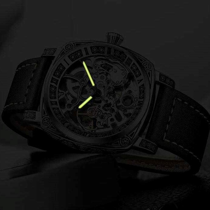 Ceas barbatesc Tio Mecanic Automatic Skeleton Negru Curea piele Casual