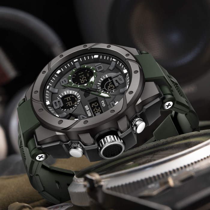 Ceas barbatesc TIO Militar Cronograf Digital Sport Verde Alarma [5]