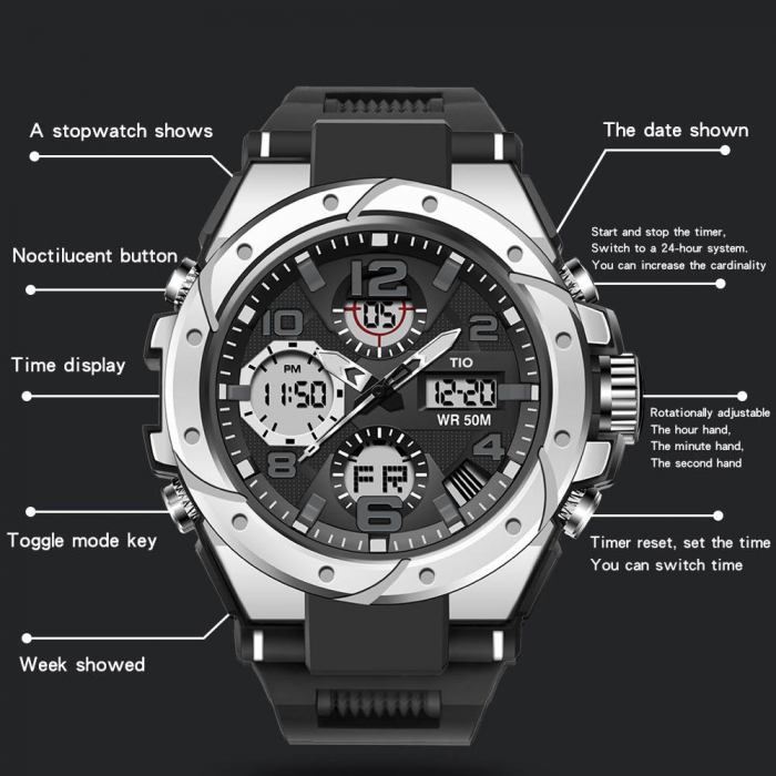 Ceas barbatesc TIO Militar Cronograf Digital Sport  Alarma Argintiu [6]