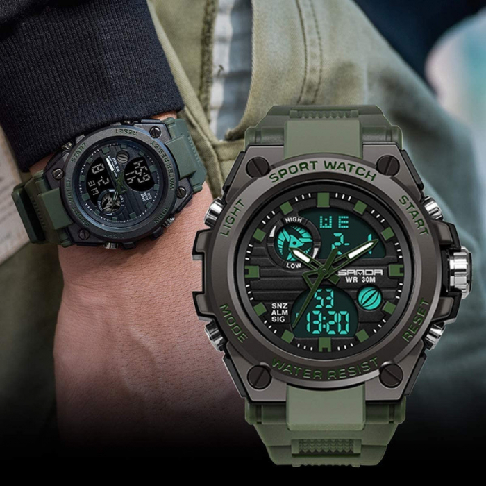 Ceas barbatesc Sanda Militar Cronograf Digital Sport Alarma Verde [4]
