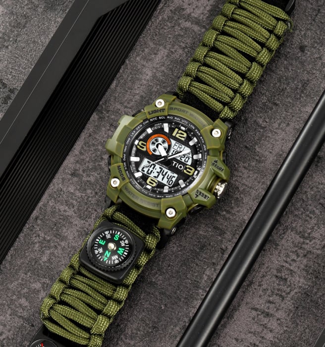 Ceas barbatesc Tio® Stil Militar, Army, Supravietuire, Cremene foc, Busola, Paracord, Fluier [3]