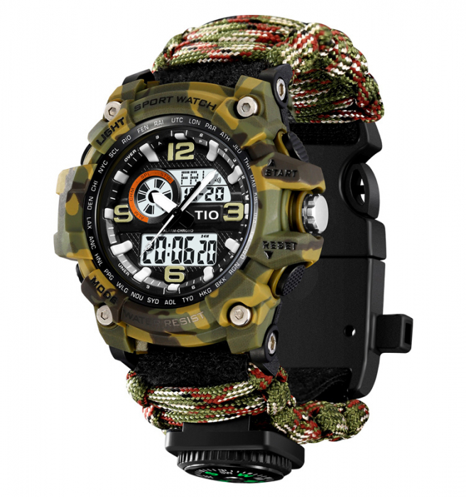 Ceas barbatesc Tio® Stil Militar, Army, Supravietuire, Cremene foc, Busola, Paracord, Fluier [1]