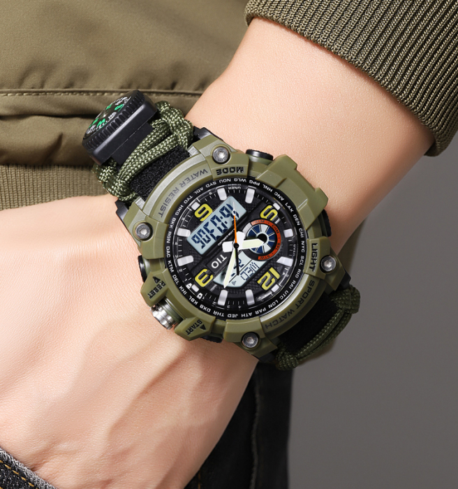 Ceas barbatesc Tio® Stil Militar, Army, Supravietuire, Cremene foc, Busola, Paracord, Fluier [2]