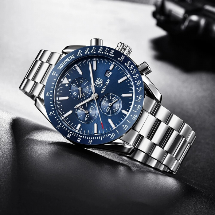 Ceas barbati Benyar Cronograf Quartz Luxury Analog Otel Argintiu [7]
