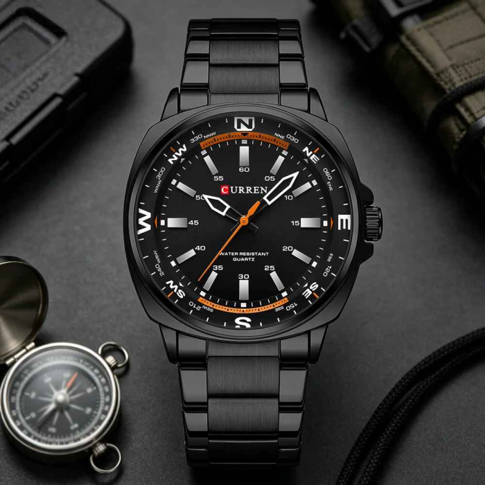 Ceas Bărbați CURREN 8455 Negru cu Accente Portocalii 41 mm Quartz, Brățară din Oțel Inoxidabil, Rezistent la Apă 3ATM [6]