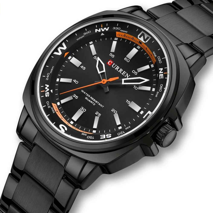 Ceas Bărbați CURREN 8455 Negru cu Accente Portocalii 41 mm Quartz, Brățară din Oțel Inoxidabil, Rezistent la Apă 3ATM [2]