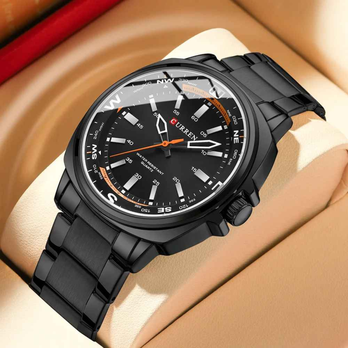 Ceas Bărbați CURREN 8455 Negru cu Accente Portocalii 41 mm Quartz, Brățară din Oțel Inoxidabil, Rezistent la Apă 3ATM [4]