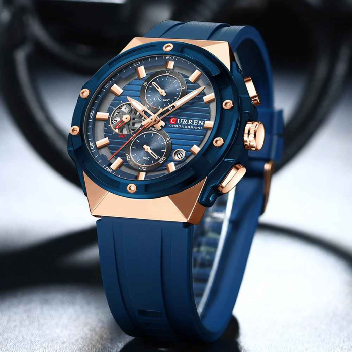 Ceas Bărbați Curren 8462 Albastru cu Accente Rose Gold, Cronograf Quartz, Curea Silicon, 3ATM [2]
