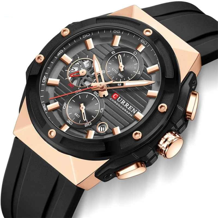 Ceas Bărbați Curren 8462 Negru cu Accente Rose Gold, Cronograf Quartz, Curea Silicon Neagră, 45 mm [2]
