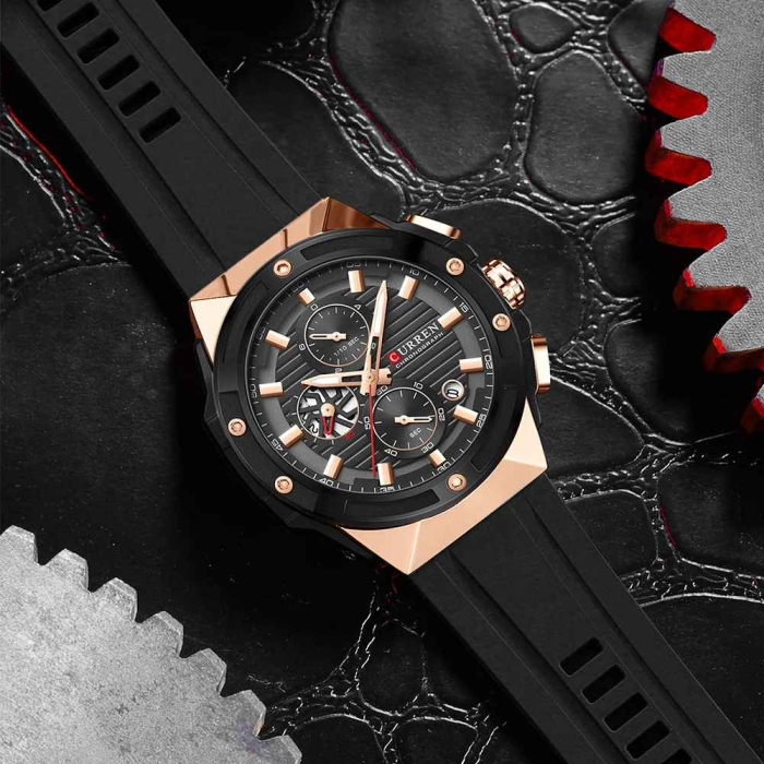Ceas Bărbați Curren 8462 Negru cu Accente Rose Gold, Cronograf Quartz, Curea Silicon Neagră, 45 mm [5]