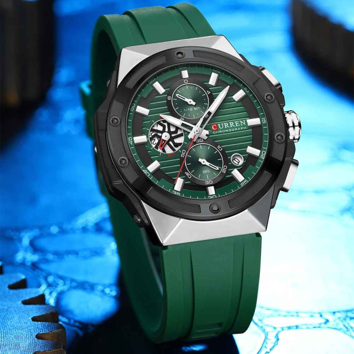 Ceas Bărbați Curren 8462 Verde Smarald, Cronograf Quartz, Curea Silicon Verde, Rezistent la Apă 3ATM [5]