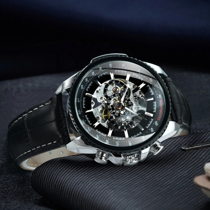 Ceas barbati, T-winner, Clasic, Mecanism Mecanic Automatic, Skeleton, Piele, Negru [3]
