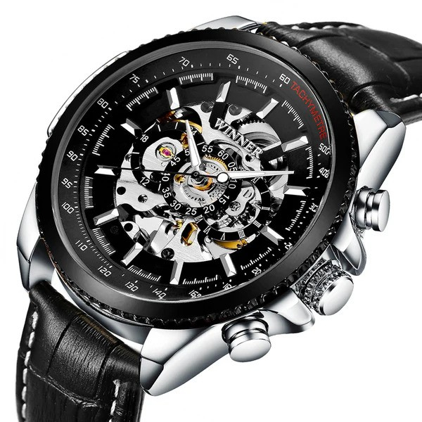 Ceas barbati, T-winner, Clasic, Mecanism Mecanic Automatic, Skeleton, Piele, Negru [2]