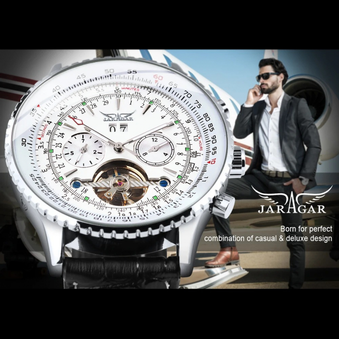 Ceas Bărbați Jaragar 034 Negru-Alb Mecanic – Design Luxury, Funcții Multiple, Afișaj Săptămânal, Rezistent la Apă 3ATM [2]