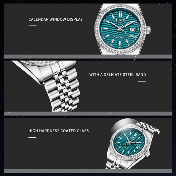 Ceas Bărbați Lige 6813 Argintiu-Cyan – Ceas Mecanic, Design Business, Funcții Multiple, Afișaj Luminos, Rezistent la Apă 3ATM [6]