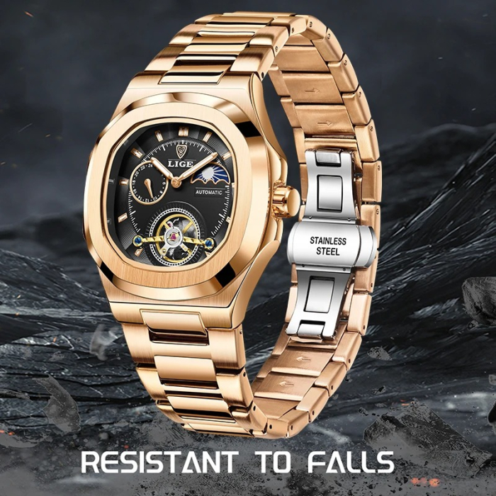 Ceas Bărbați Lige 6821 Rose Gold-Negru – Mecanic, Design Business, Funcții Multiple, Rezistent la Șocuri, Rezistent la Apă 3ATM [4]