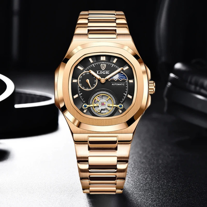 Ceas Bărbați Lige 6821 Rose Gold-Negru – Mecanic, Design Business, Funcții Multiple, Rezistent la Șocuri, Rezistent la Apă 3ATM [3]