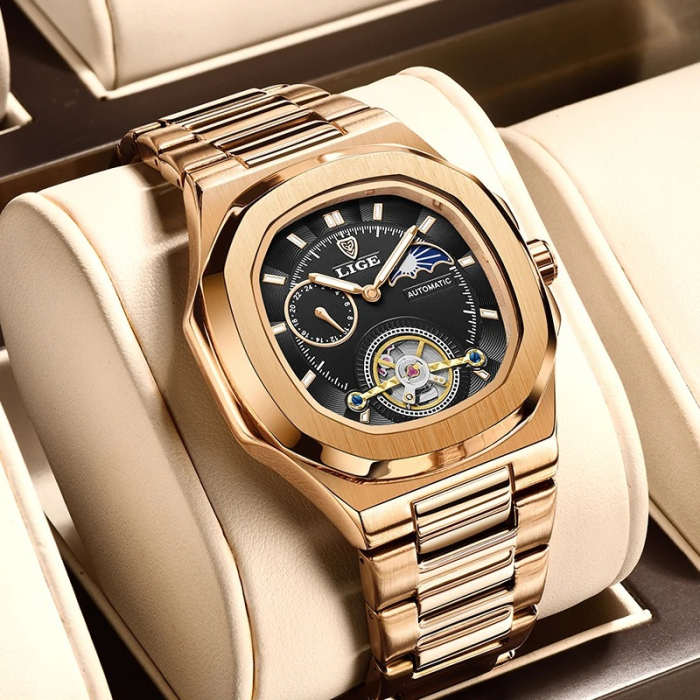 Ceas Bărbați Lige 6821 Rose Gold-Negru – Mecanic, Design Business, Funcții Multiple, Rezistent la Șocuri, Rezistent la Apă 3ATM [2]