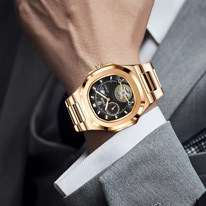 Ceas Bărbați Lige 6821 Rose Gold-Negru – Mecanic, Design Business, Funcții Multiple, Rezistent la Șocuri, Rezistent la Apă 3ATM [7]