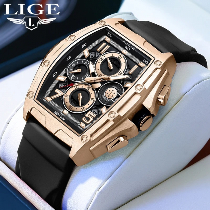 Ceas Bărbați Lige 89110 Rose Gold-Negru – Design Casual, Funcții Multiple, Afișaj Luminos, Rezistent la Apă 3ATM [2]