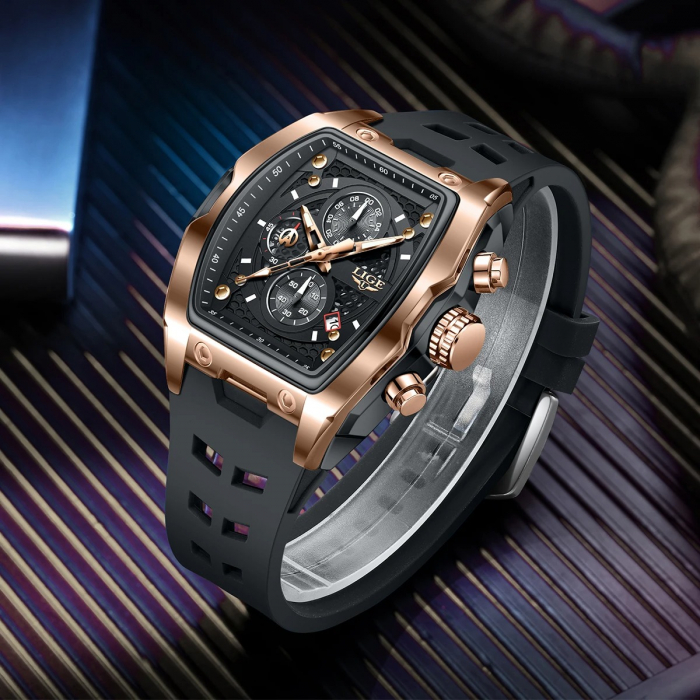 Ceas Bărbați Lige 89194 Rose Gold-Negru – Design Casual, Funcții Multiple, Afișaj Luminos, Rezistent la Apă 3ATM [5]