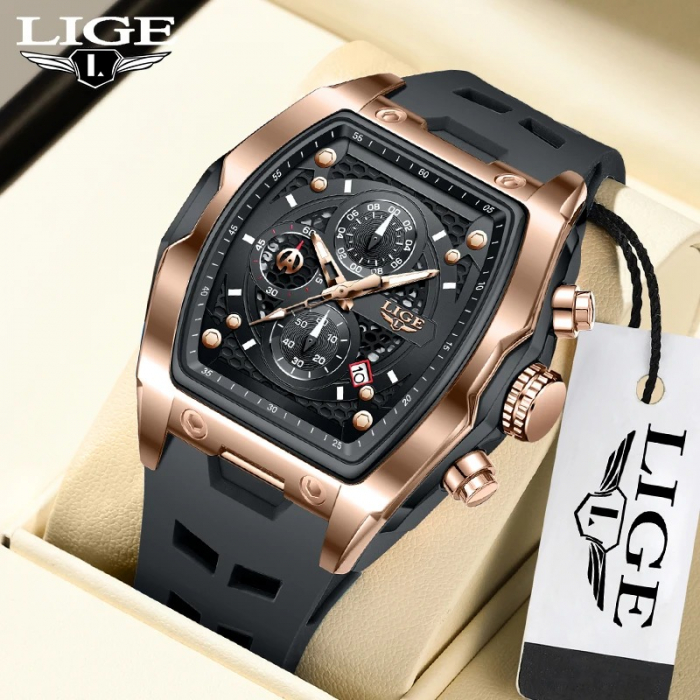 Ceas Bărbați Lige 89194 Rose Gold-Negru – Design Casual, Funcții Multiple, Afișaj Luminos, Rezistent la Apă 3ATM [2]
