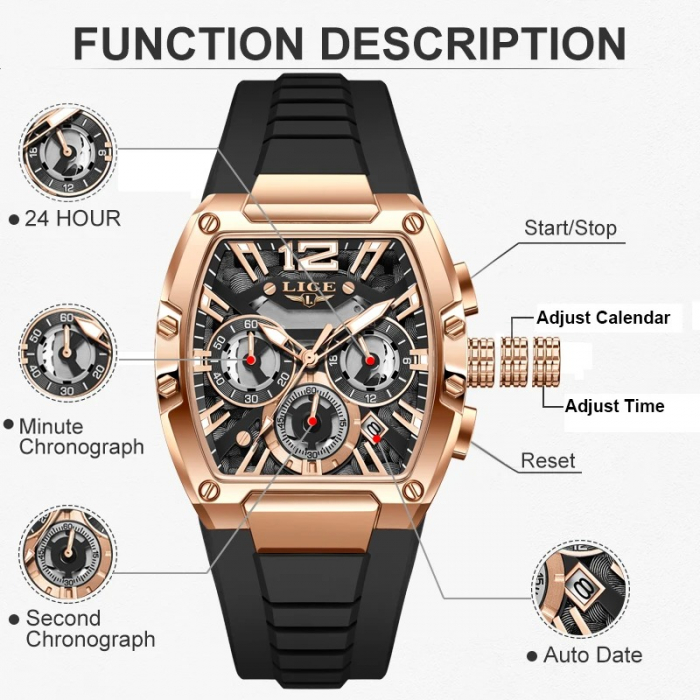 Ceas Bărbați Lige 89206 Rose-Negru – Design Sport, Funcții Multiple, Rezistent la Șocuri, Rezistent la Apă 3ATM [4]
