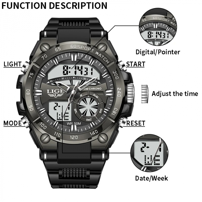 Ceas Bărbați Lige 8971 Negru – Design Military, Funcții Multiple, Cronograf, Rezistent la Apă 5ATM [4]