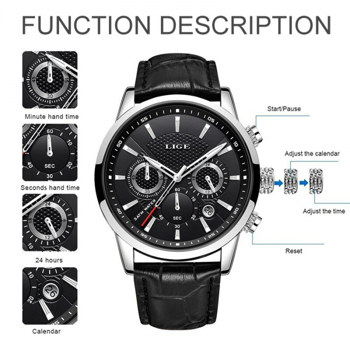Ceas barbati Lige Elegant Quartz Piele Negru [7]
