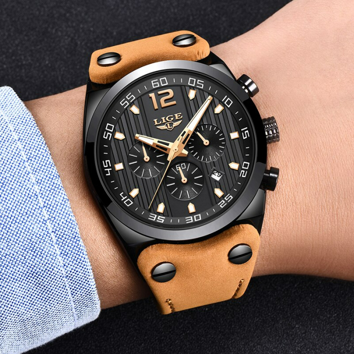 Ceas barbati Lige Piele Cronograf Data Maro Negru [2]