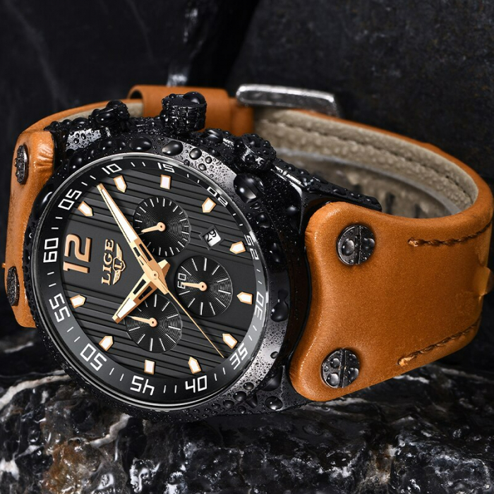 Ceas barbati Lige Piele Cronograf Data Maro Negru [6]