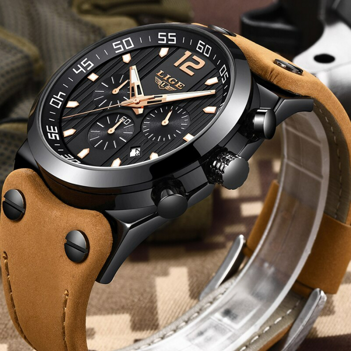 Ceas barbati Lige Piele Cronograf Data Maro Negru [5]