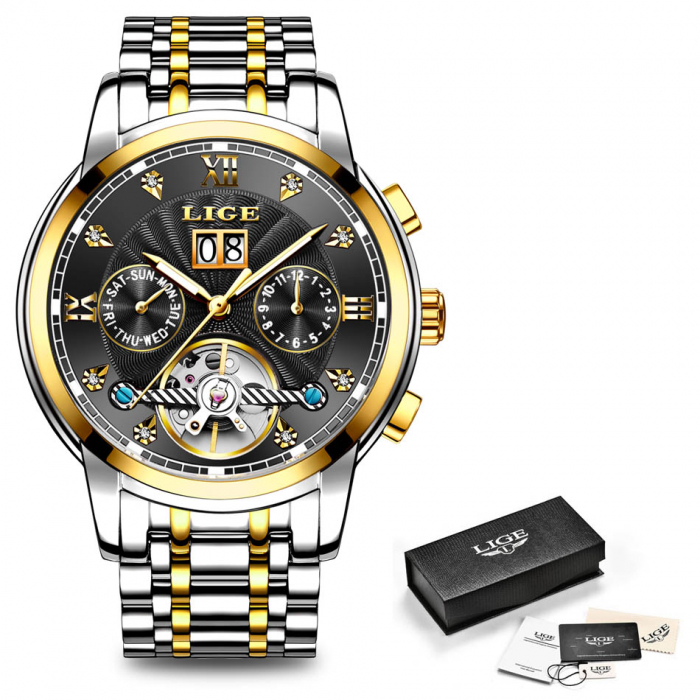 Ceas barbatesc mecanic automatic Lige Data Skeleton Negru [4]