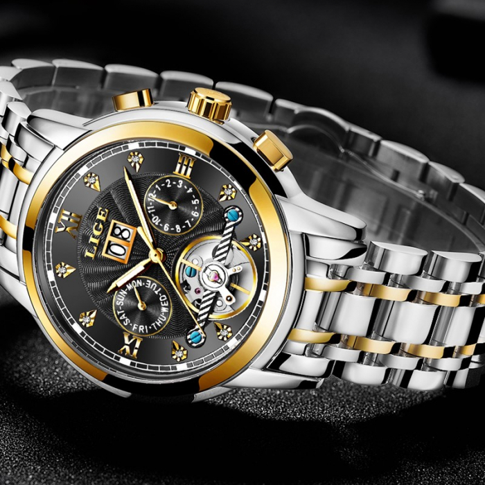 Ceas barbatesc mecanic automatic Lige Data Skeleton Negru [2]