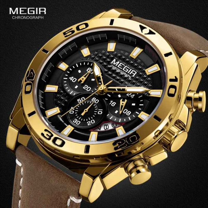 Ceas Bărbați MEGIR 2094 Gold – Quartz, Curea Piele, Cronograf, Rezistent la Apă, Lumină, Calendar Complet, Stil Fashion & Casual [2]