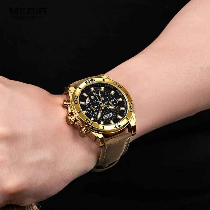 Ceas Bărbați MEGIR 2094 Gold – Quartz, Curea Piele, Cronograf, Rezistent la Apă, Lumină, Calendar Complet, Stil Fashion & Casual [4]