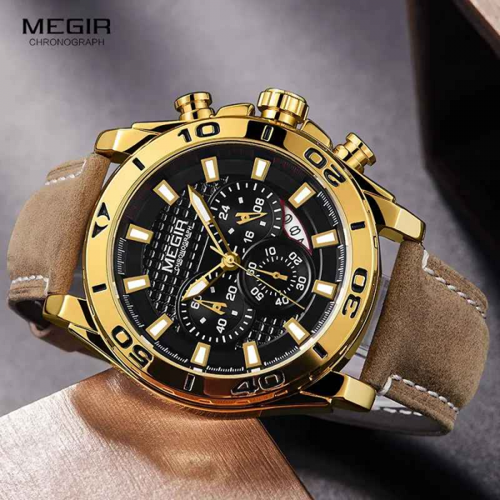 Ceas Bărbați MEGIR 2094 Gold – Quartz, Curea Piele, Cronograf, Rezistent la Apă, Lumină, Calendar Complet, Stil Fashion & Casual [5]