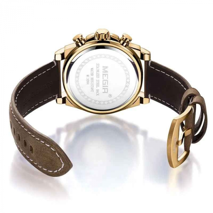 Ceas Bărbați MEGIR 2094 Gold – Quartz, Curea Piele, Cronograf, Rezistent la Apă, Lumină, Calendar Complet, Stil Fashion & Casual [3]