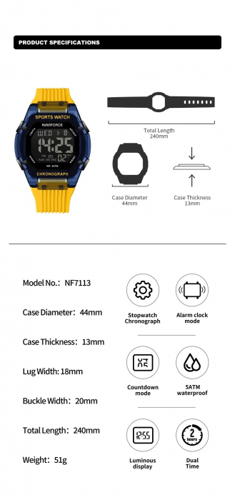Ceas Bărbați Naviforce 7113 Galben-Albastru – Funcții Multiple, Design Casual, Cronometru, Rezistent la Apă 5ATM [3]