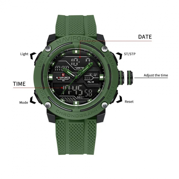 Ceas Bărbați Naviforce 7114 Verde – Funcții Multiple, Design Sport, Cronometru, Rezistent la Apă 5ATM [7]