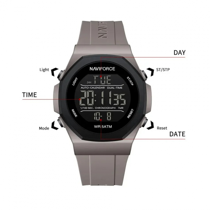 Ceas Bărbați Naviforce 7117 Gri – Funcții Multiple, Design Sport, Rezistent la Șocuri, Rezistent la Apă 5ATM [3]