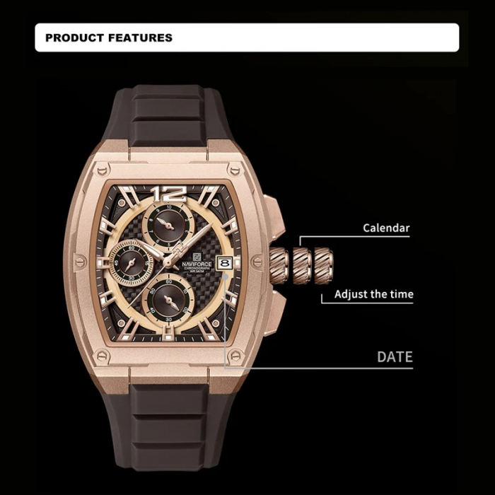 Ceas Bărbați Naviforce 8050 Negru-Rose – Design Sport, Funcții Multiple, Afișare Dată, Rezistent la Apă 3ATM [3]