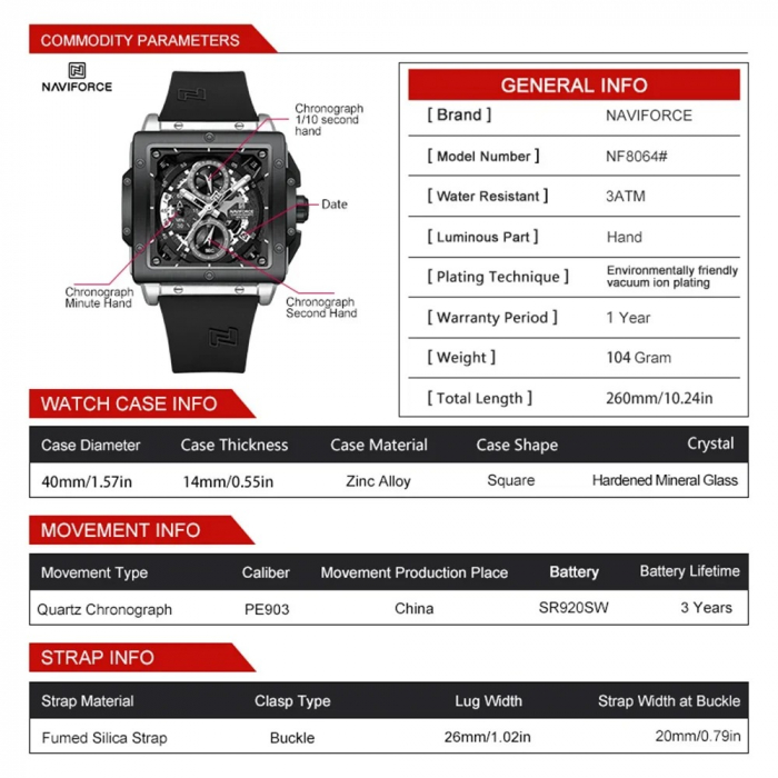 Ceas Bărbați Naviforce 8064 Negru – Funcții Multiple, Design Luxury, Cronometru, Rezistent la Apă 3ATM [6]