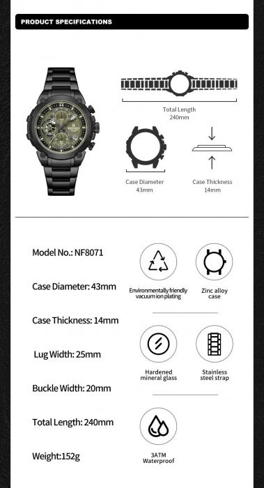 Ceas Bărbați Naviforce 8071 Negru-Verde – Funcții Multiple, Design Business, Shockproof, Rezistent la Apă 3ATM [3]