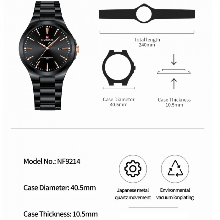 Ceas Bărbați Naviforce 9226 Negru – Design Business, Funcții Multiple, Rezistent la Șocuri, Rezistent la Apă 3ATM [4]