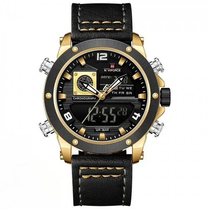 Ceas Bărbați Naviforce 9236 Negru-Auriu – Funcții Multiple, Design Military, Cronometru, Rezistent la Apă 3ATM [1]