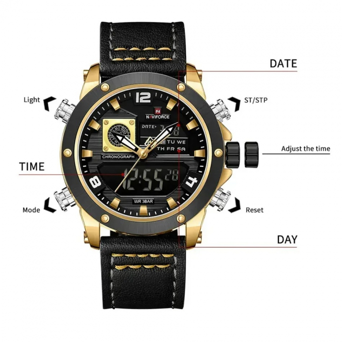 Ceas Bărbați Naviforce 9236 Negru-Auriu – Funcții Multiple, Design Military, Cronometru, Rezistent la Apă 3ATM [2]
