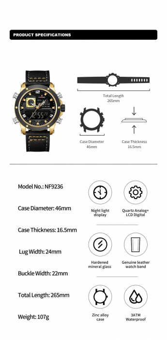 Ceas Bărbați Naviforce 9236 Negru-Auriu – Funcții Multiple, Design Military, Cronometru, Rezistent la Apă 3ATM [5]
