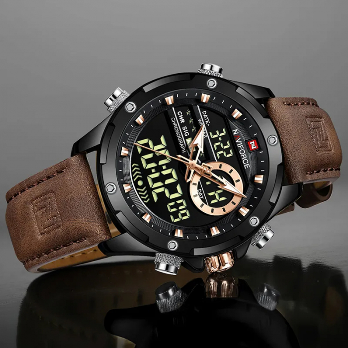 Ceas barbati Naviforce Cronograf Casual Analog Digital Quartz Piele Maro [3]
