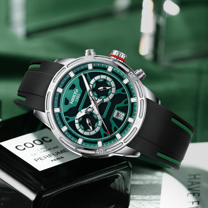 Ceas barbati Nibosi Data Analog Mecanism Quartz Silicon Negru Cronograf [4]